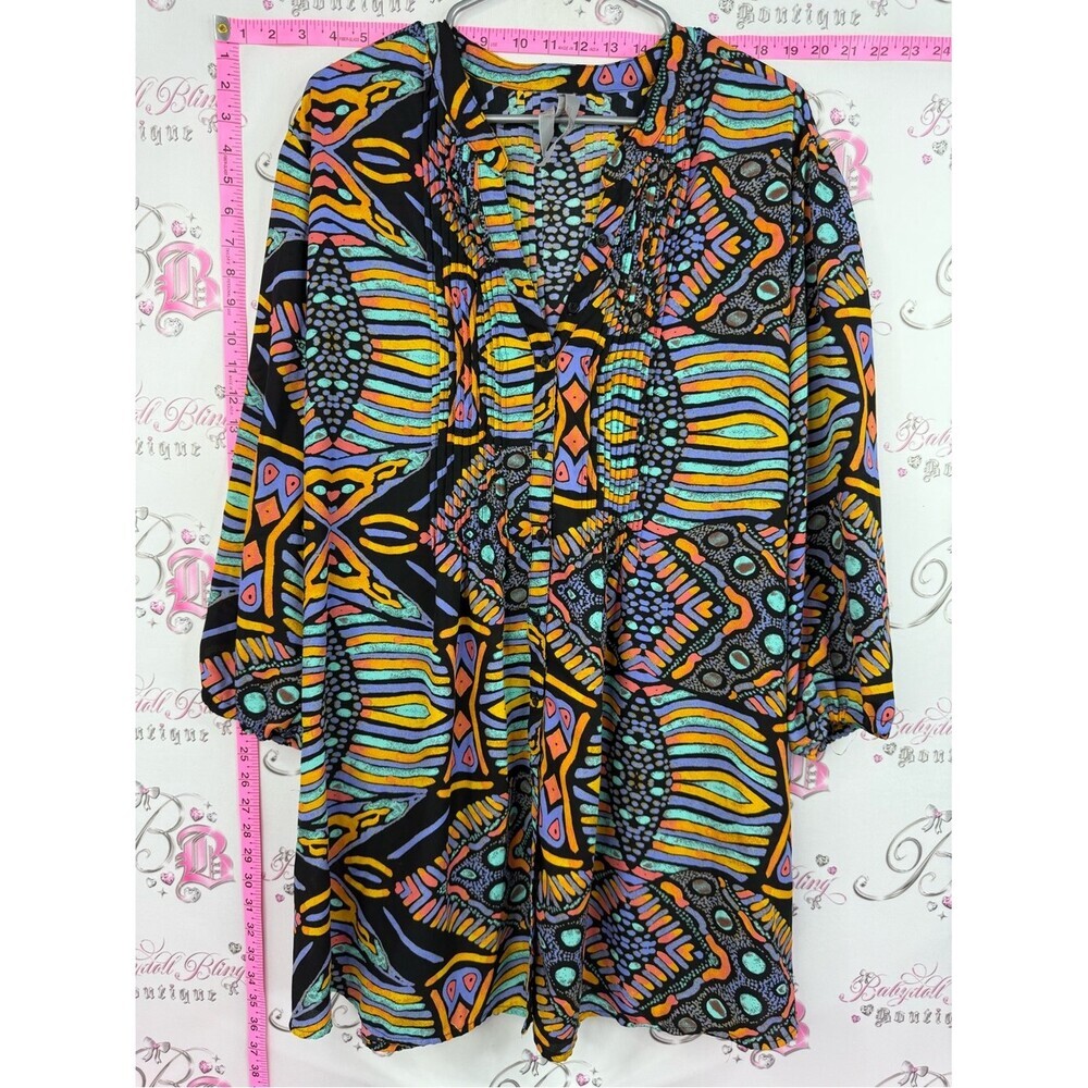 Vibrant Geometric Print Tunic - Black with Teal, Yellow & Coral